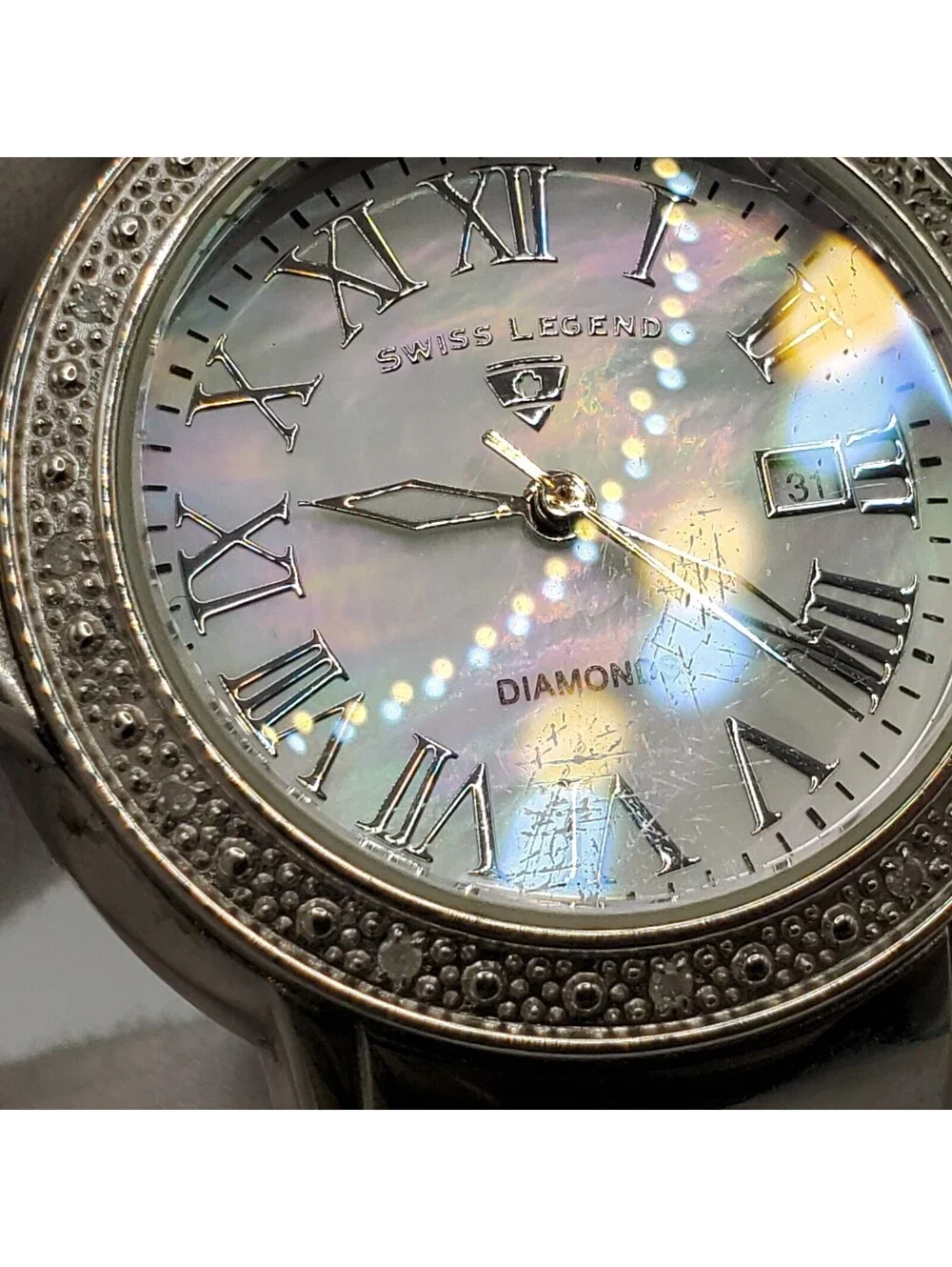 Swiss Legend South Beach Diamond Watch Women 36mm Silver Tone MOP New Battery